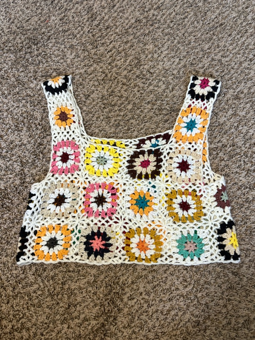 Handmade Crochet Ivory Floral Square Tank Top